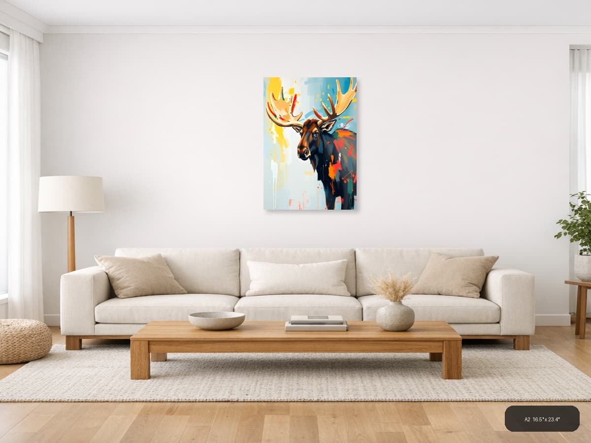 Abstract Moose Head Colorful Splash Portrait Wall Art shown in a room setting at A2