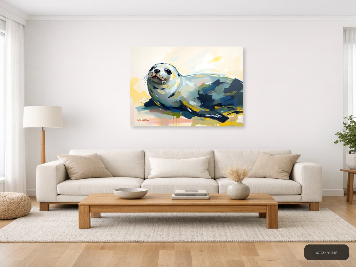 Abstract Seal Portrait - Modern Animal Wall Art shown in a room setting at A2