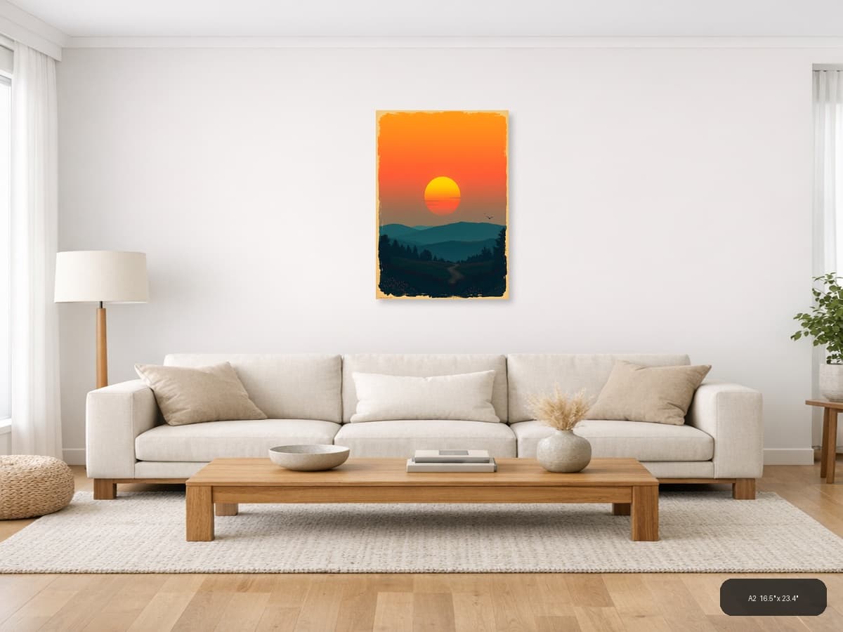 Vintage Sunset Over Forest Hills Wall Art shown in a room setting at A2