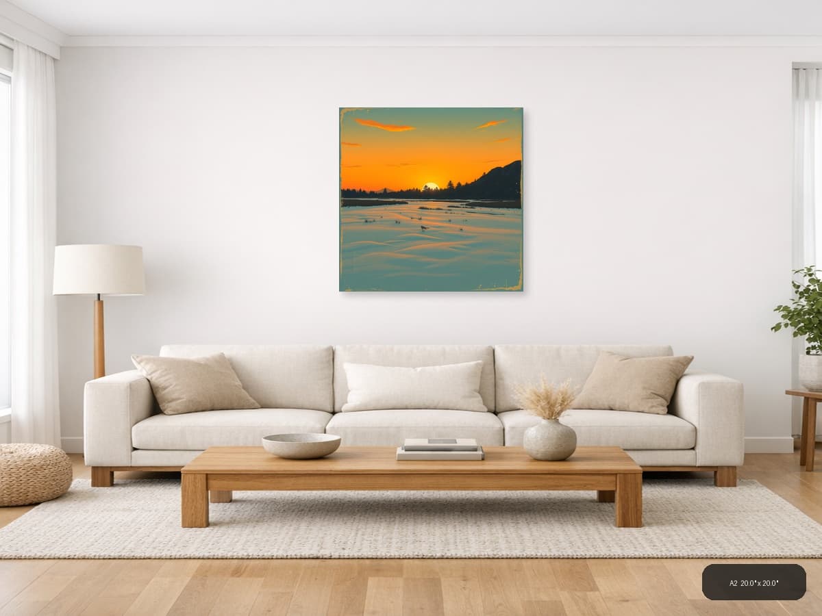 Vintage Sunset Over Frozen Lake - Landscape Wall Art shown in a room setting at A2