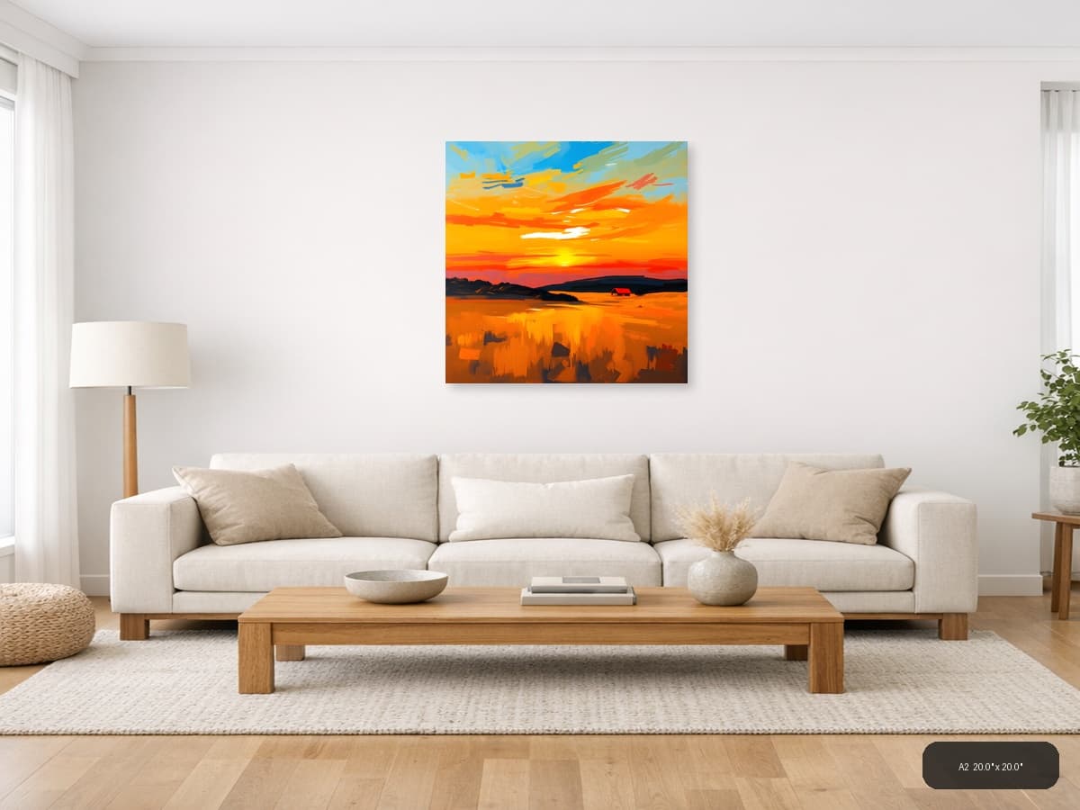 Abstract Sunset Landscape with Red Barn Wall Art shown in a room setting at A2