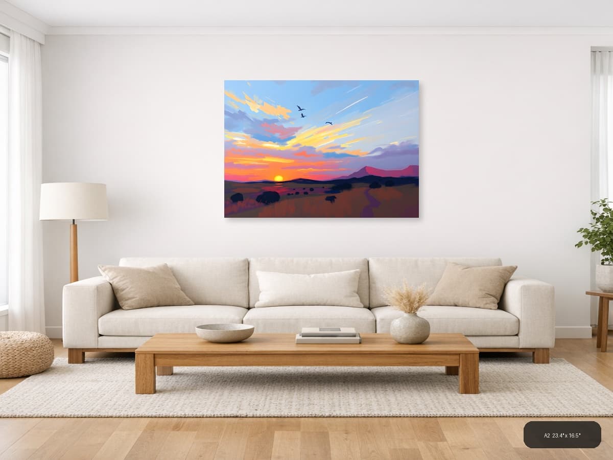 Abstract Sunset Desert Landscape with Flying Birds Wall Art shown in a room setting at A2
