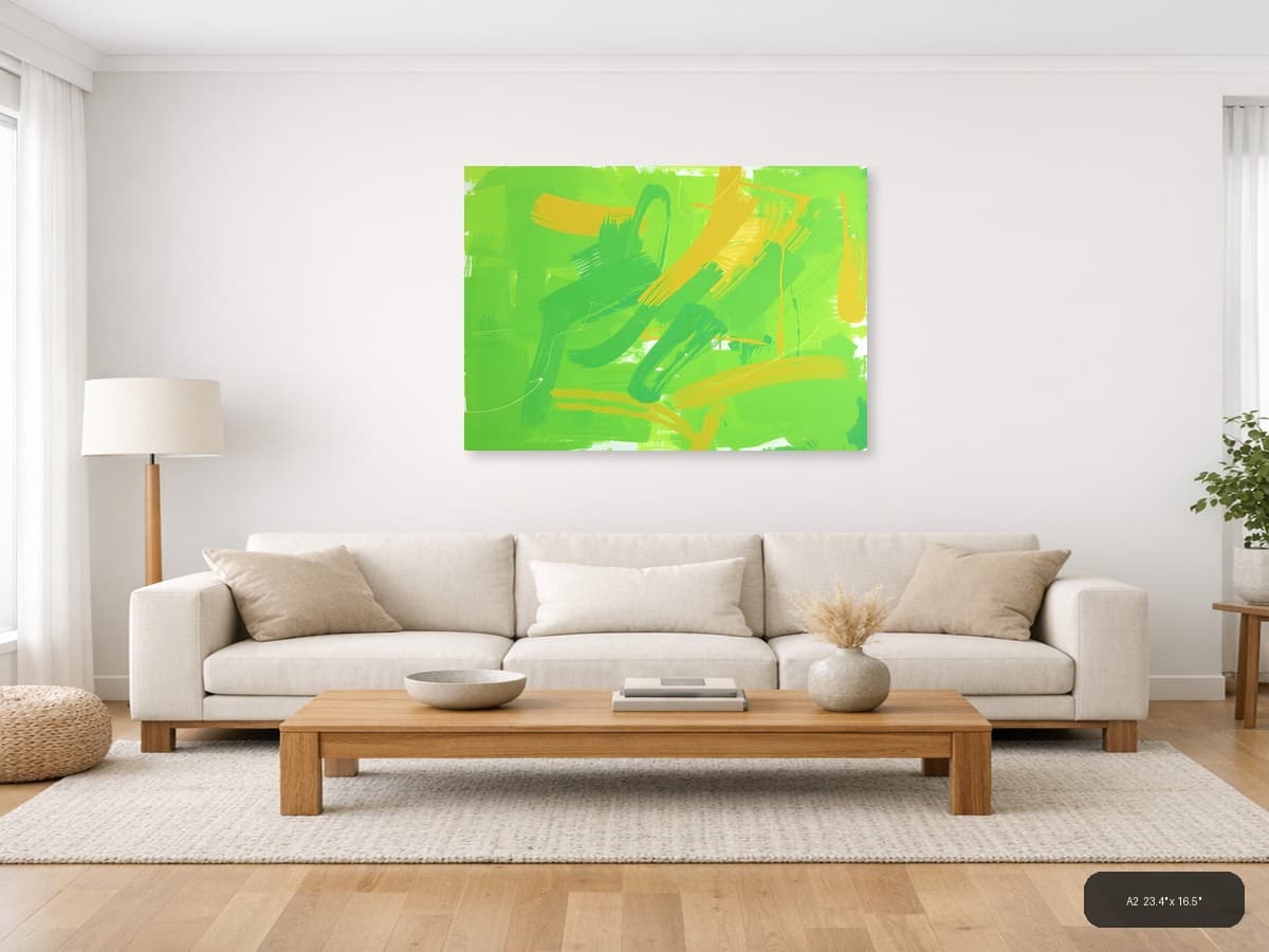 Vibrant Green & Yellow Abstract Brush Strokes Wall Art shown in a room setting at A2