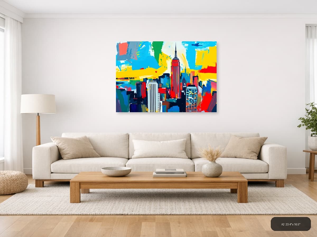 Abstract New York City Skyline Colorful Pop Art Wall Art shown in a room setting at A2