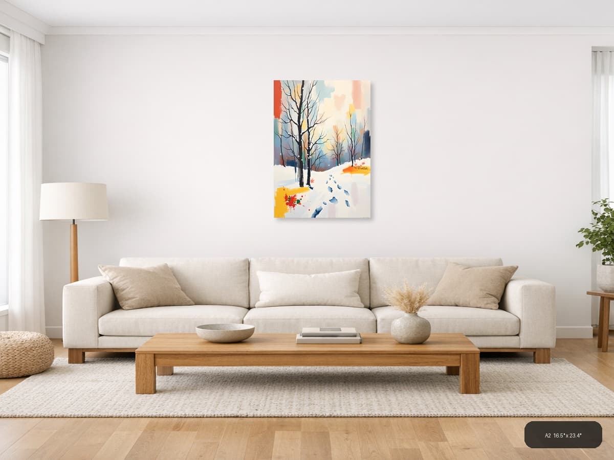 Winter Forest Footprints Abstract Landscape Wall Art shown in a room setting at A2