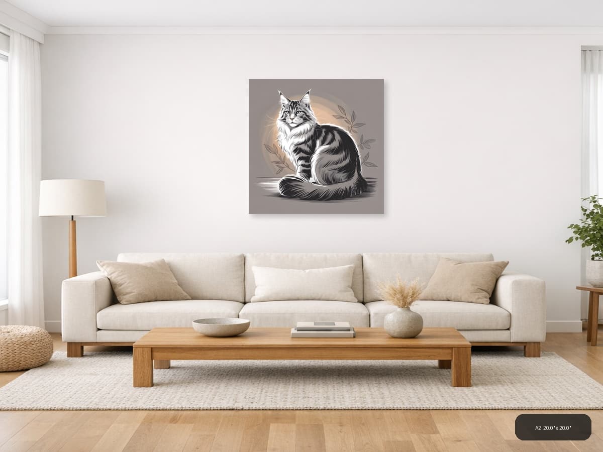 Majestic Maine Coon Cat Line Art Wall Art shown in a room setting at A2
