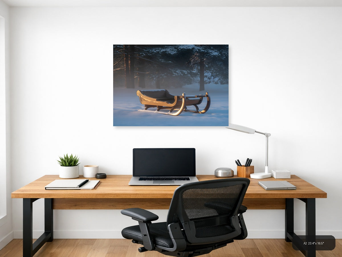 Golden Sleigh in Winter Forest Snow Photography Wall Art — A2 / Office