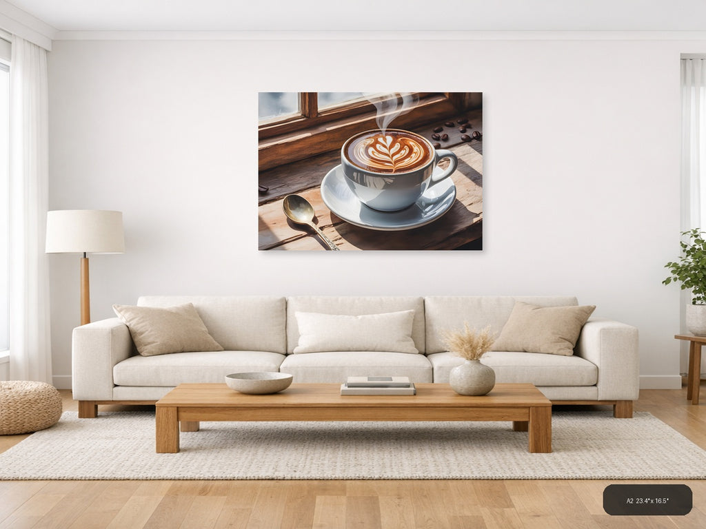 Latte Art Coffee Cup Window Watercolor Wall Art — A2 / Living Room