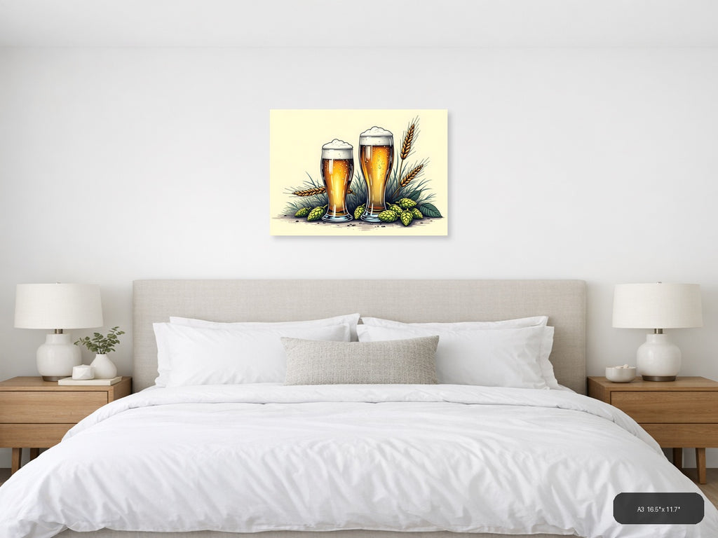 Beer Glasses with Hops and Wheat Line Art Wall Art — A3 / Bedroom