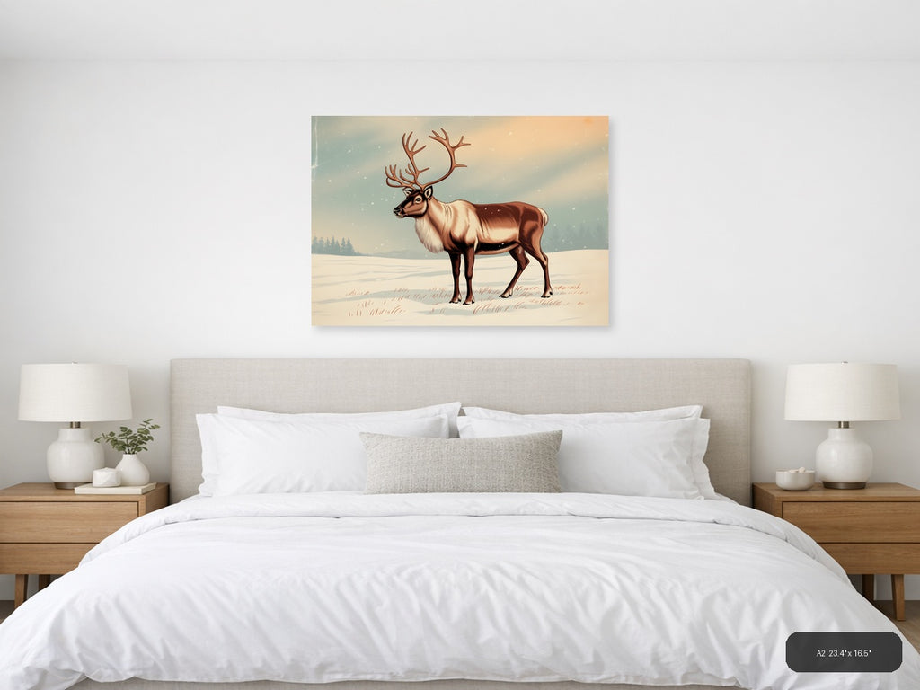 Vintage Reindeer in Snow Landscape Wall Art — A2 / Bedroom