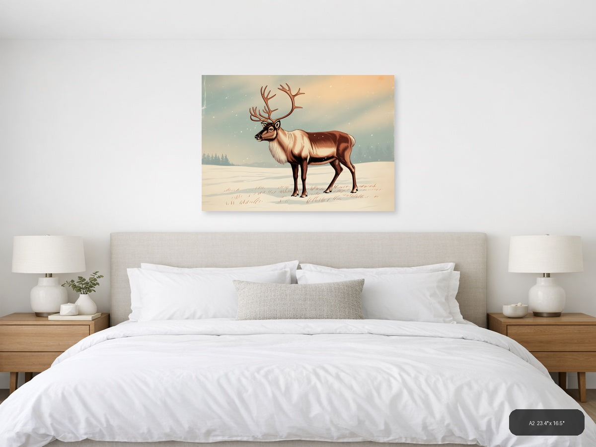 Vintage Reindeer in Snow Landscape Wall Art — A2 / Bedroom