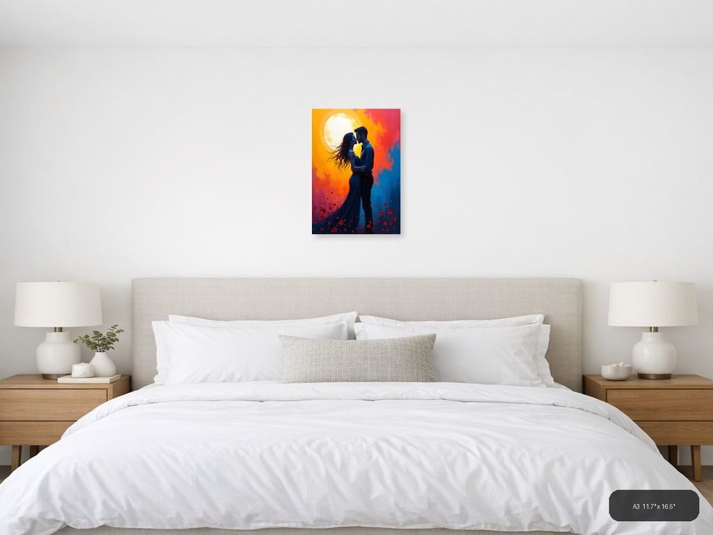 Romantic Couple Moon Silhouette Abstract Wall Art — A3 / Bedroom
