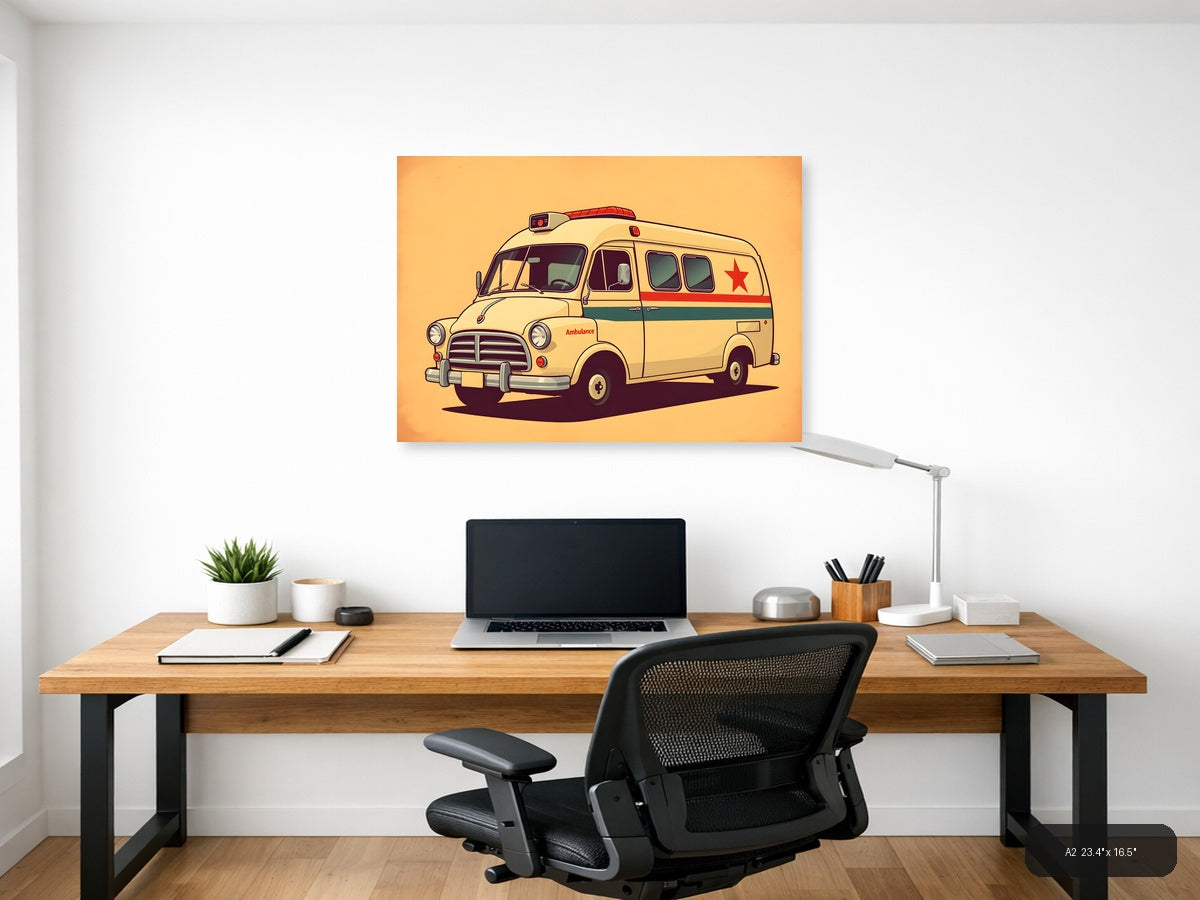 Vintage Cream Ambulance Illustration - Retro Wall Art — A2 / Office