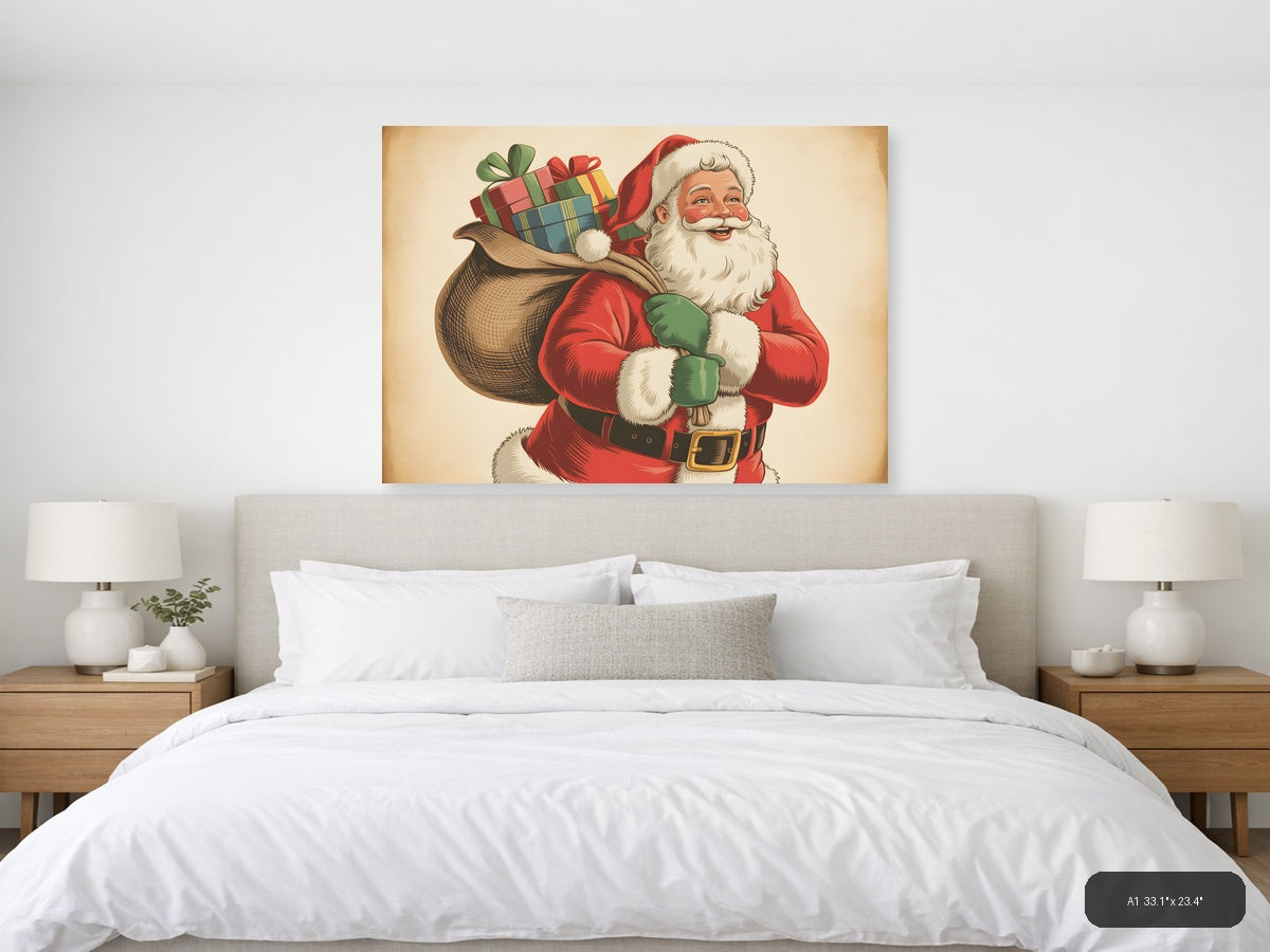 Vintage Santa Claus with Gifts Illustration Wall Art — A1 / Bedroom