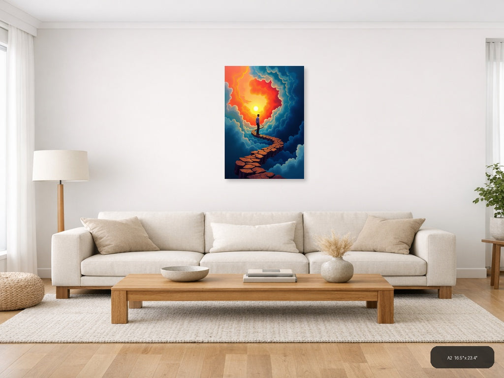 Man on Stone Path to Sunset Cloud Portal Wall Art — A2 / Living Room