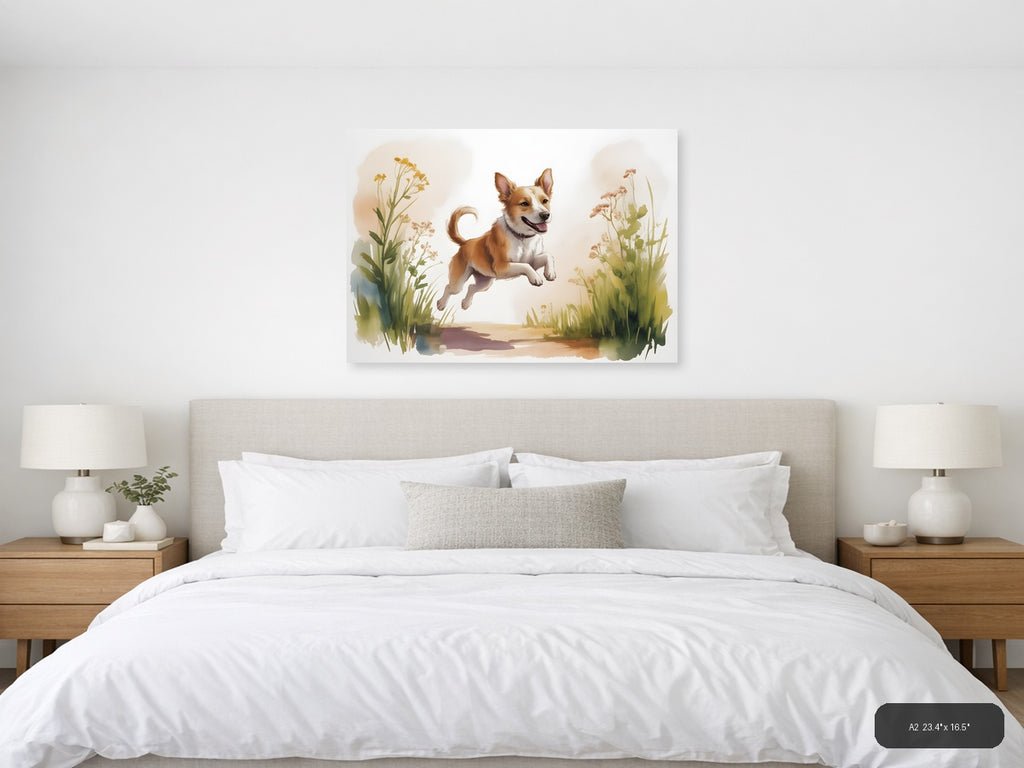 Happy Dog Jumping in Wildflowers Watercolor Wall Art — A2 / Bedroom