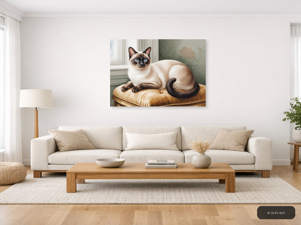 Siamese Cat on Gold Cushion Watercolor Wall Art — A2 / Living Room