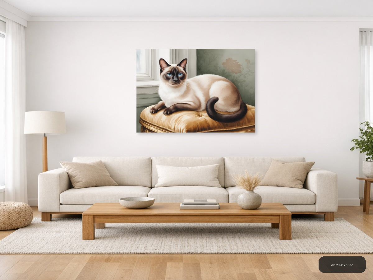 Siamese Cat on Gold Cushion Watercolor Wall Art — A2 / Living Room