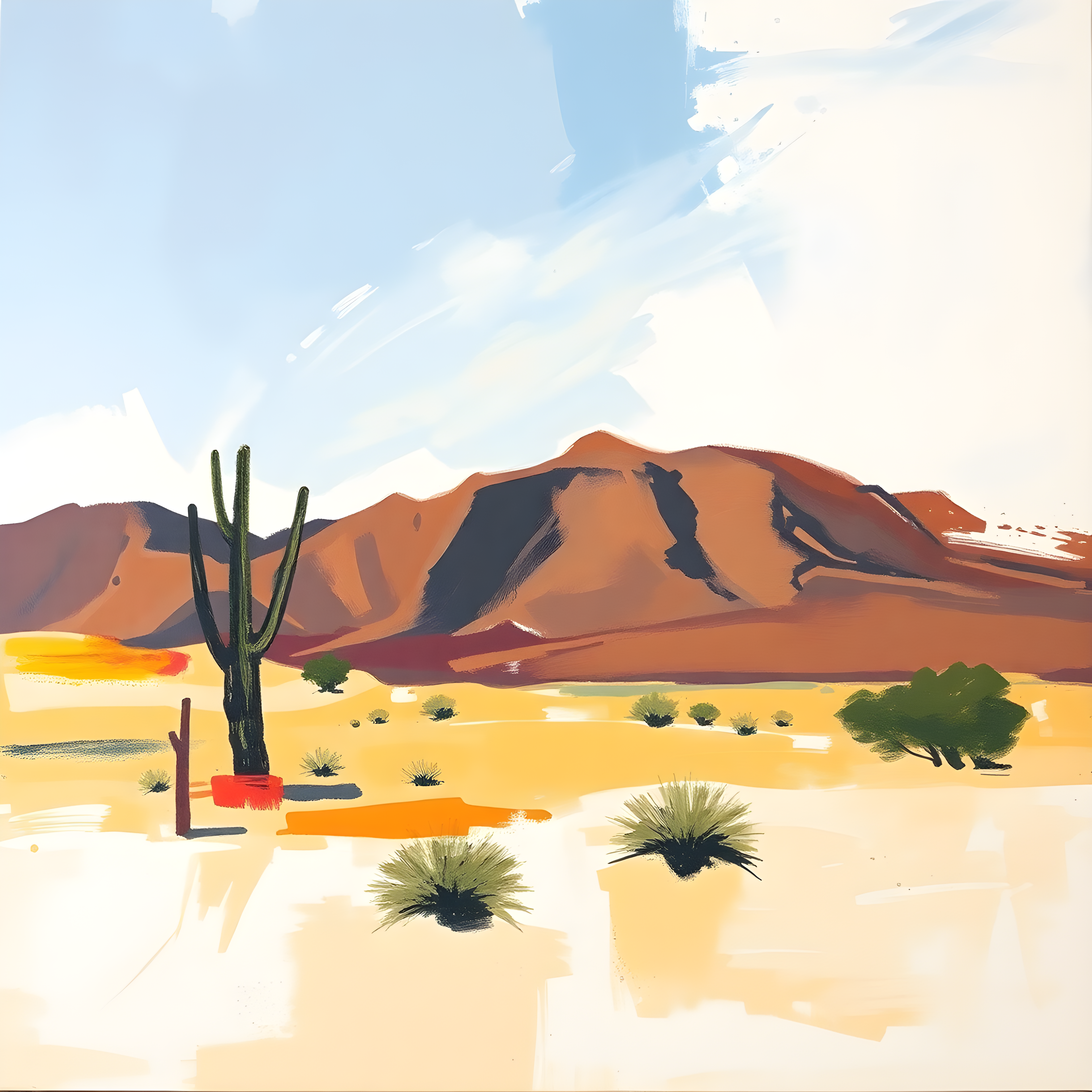Abstract Desert Mountain Landscape with Cactus Wall Art