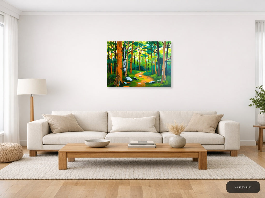 Forest Path Abstract - Vibrant Trees & Stones Wall Art — A3 / Living Room