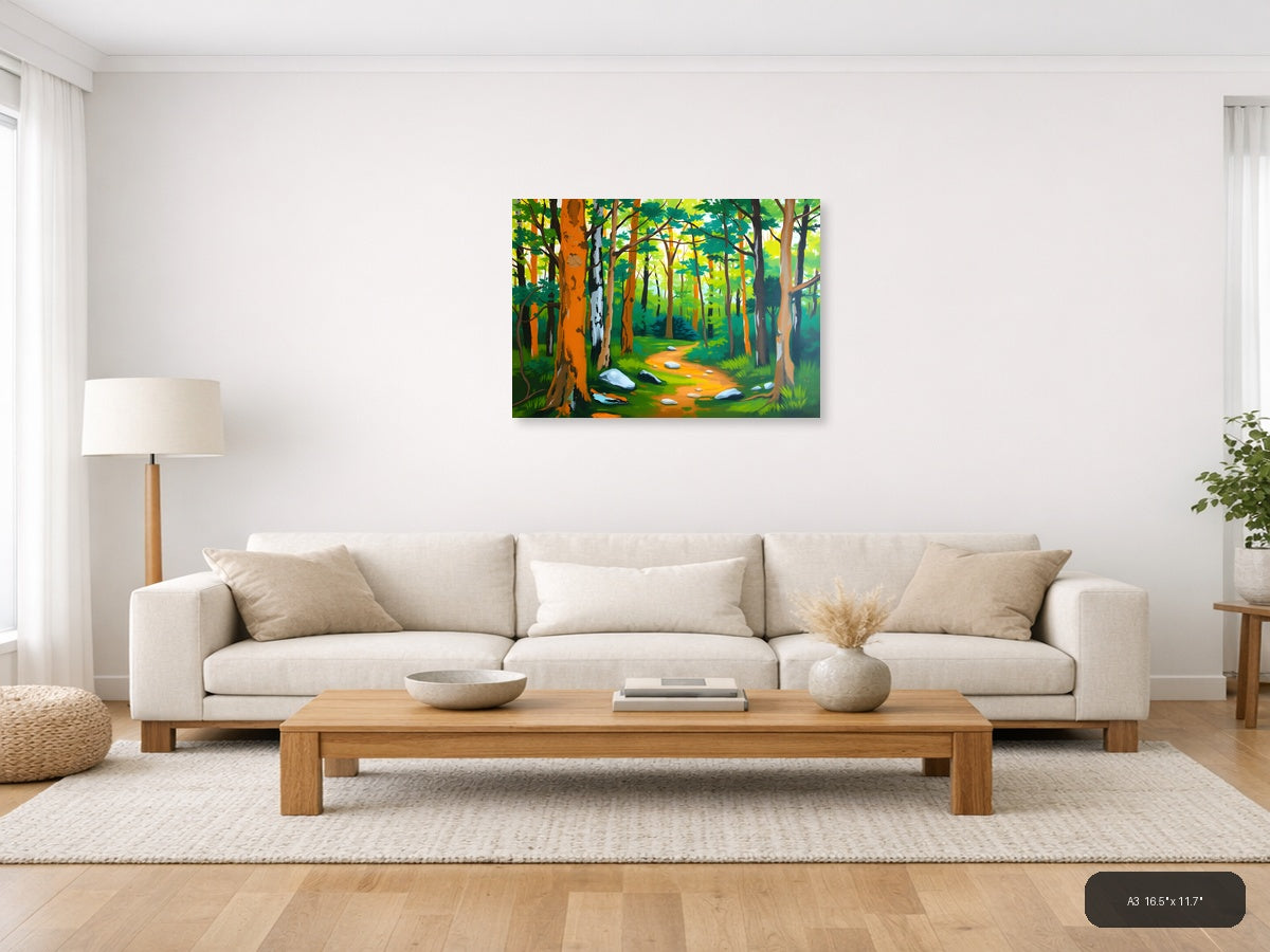 Forest Path Abstract - Vibrant Trees & Stones Wall Art — A3 / Living Room
