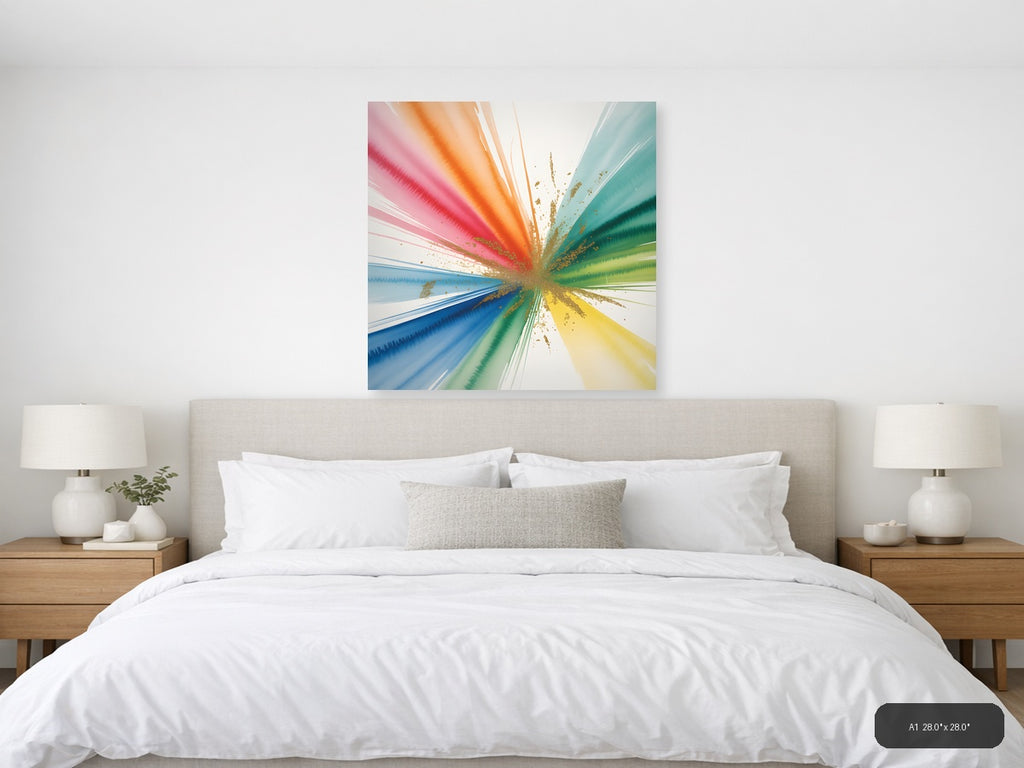 Rainbow Watercolor Burst with Gold Splatter Wall Art — A1 / Bedroom