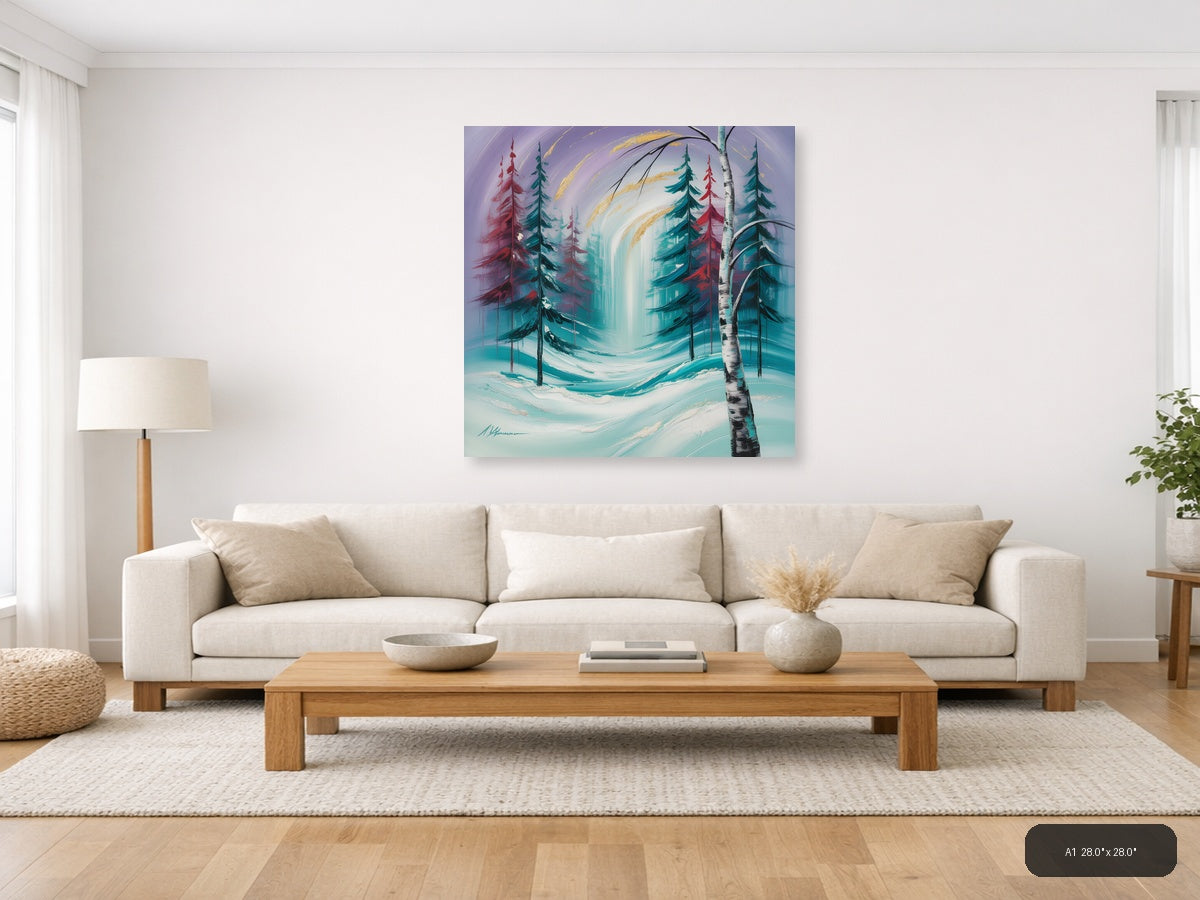 Abstract Winter Forest with Turquoise Waterfall Wall Art — A1 / Living Room