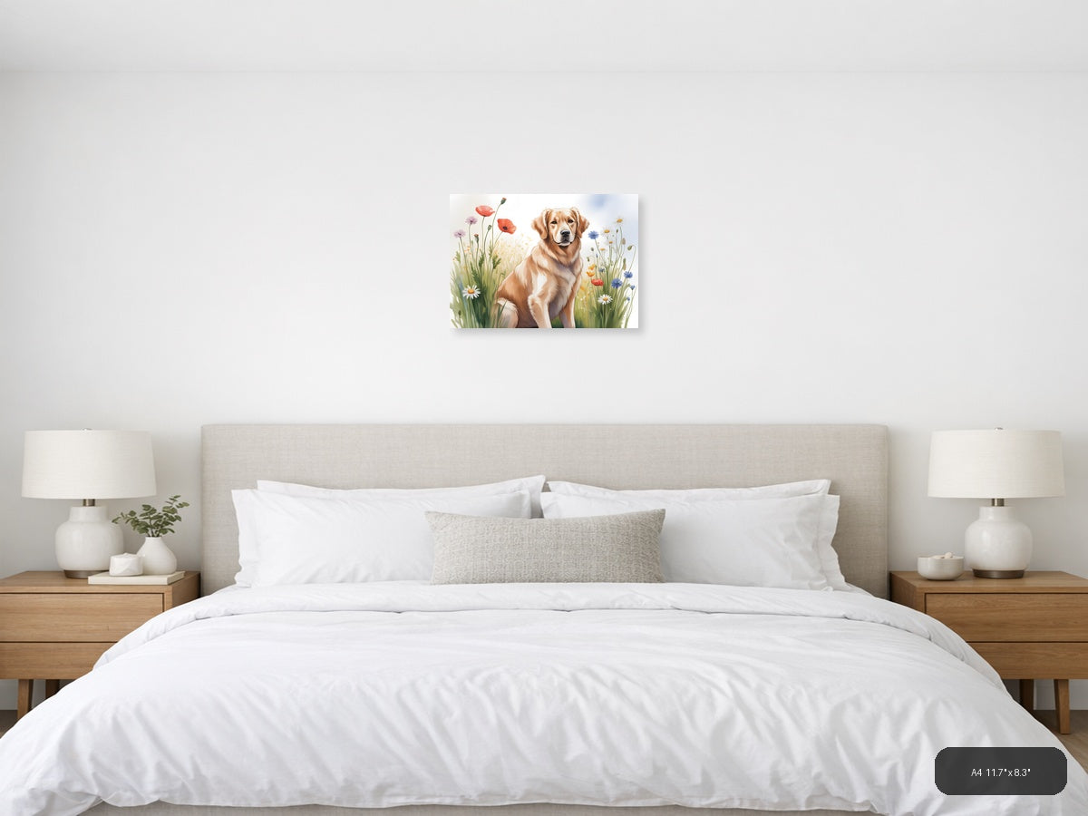 Golden Retriever in Wildflower Field Watercolor Wall Art — A4 / Bedroom