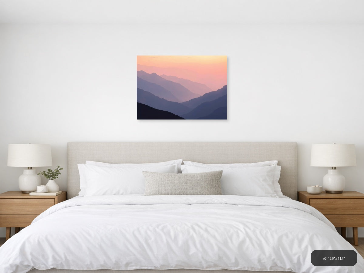 Minimalist Mountain Valley Sunset Pink Sky Wall Art — A3 / Bedroom