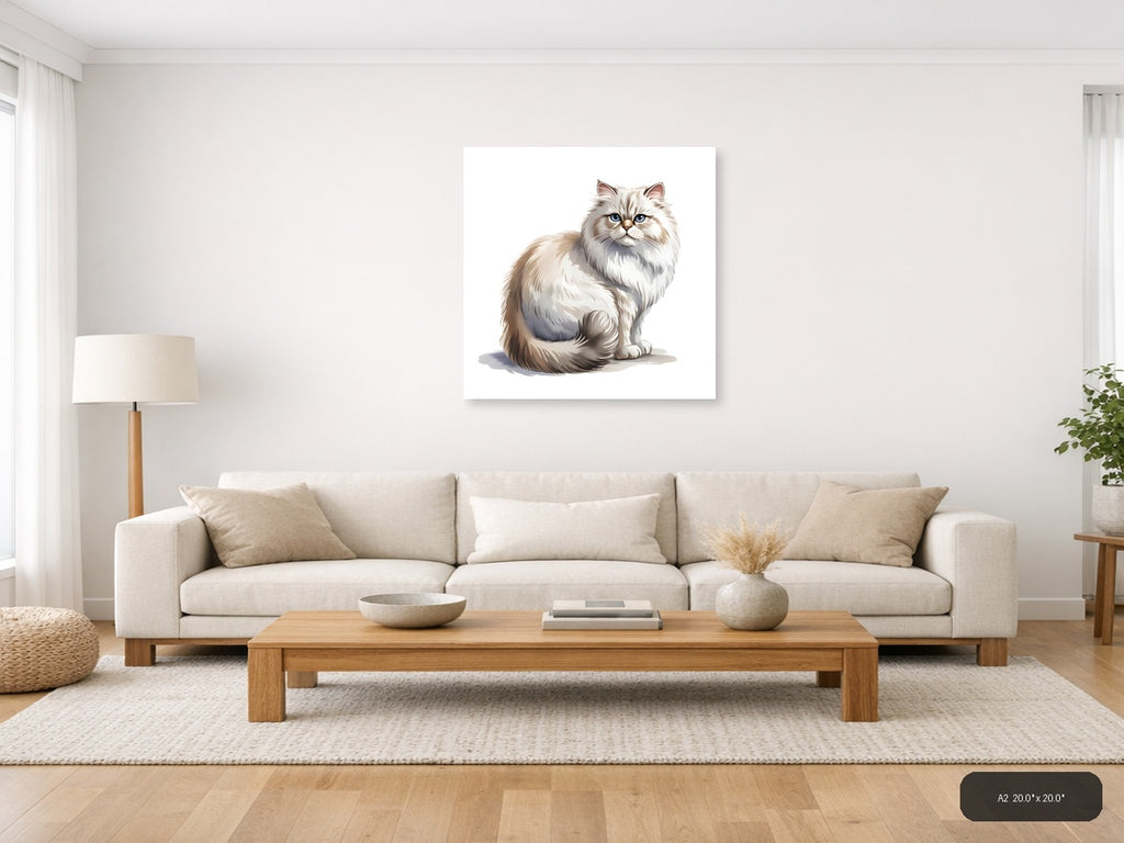 Fluffy White Cat with Blue Eyes Minimalist Wall Art — A2 / Living Room