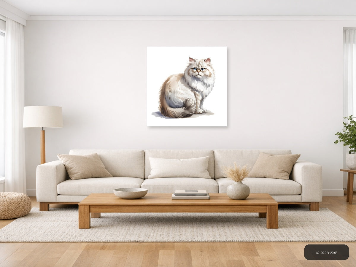 Fluffy White Cat with Blue Eyes Minimalist Wall Art — A2 / Living Room