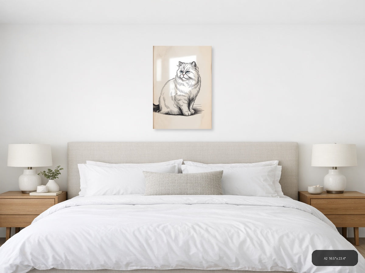 Persian Cat Portrait Line Art Sketch Wall Art — A2 / Bedroom