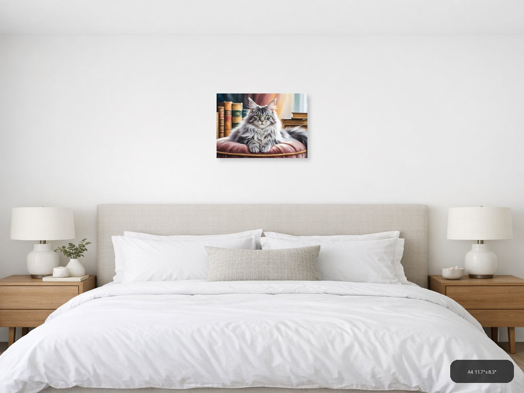 Majestic Long-Haired Cat Library Watercolor Wall Art — A4 / Bedroom
