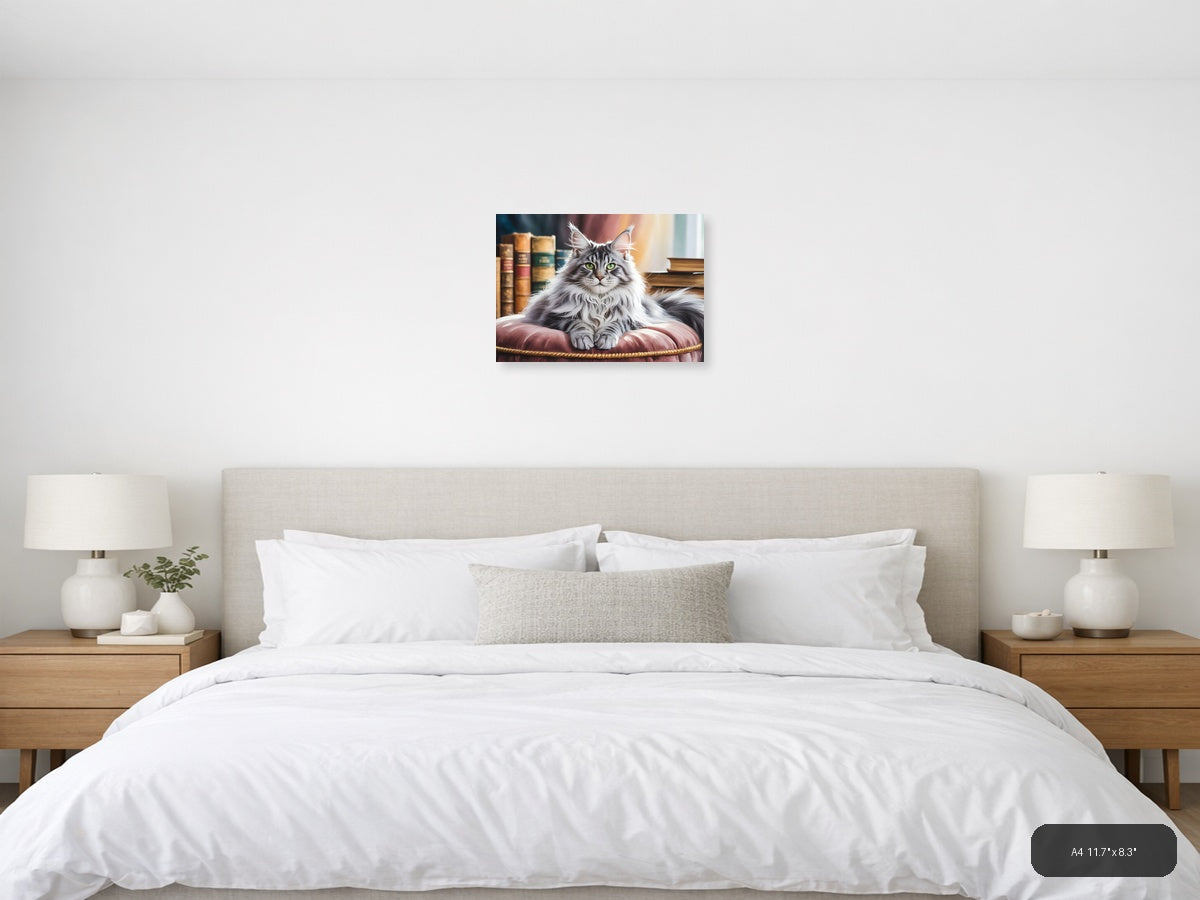 Majestic Long-Haired Cat Library Watercolor Wall Art — A4 / Bedroom