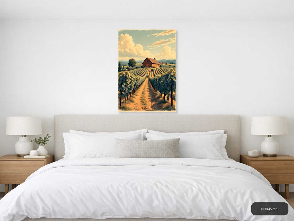 Vintage Vineyard Farm Landscape with Barn Wall Art — A1 / Bedroom