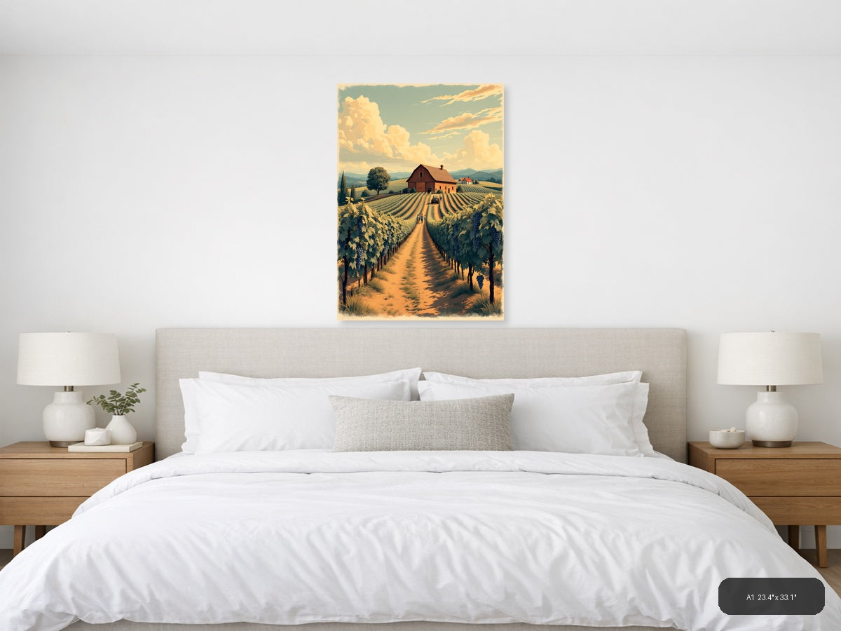 Vintage Vineyard Farm Landscape with Barn Wall Art — A1 / Bedroom