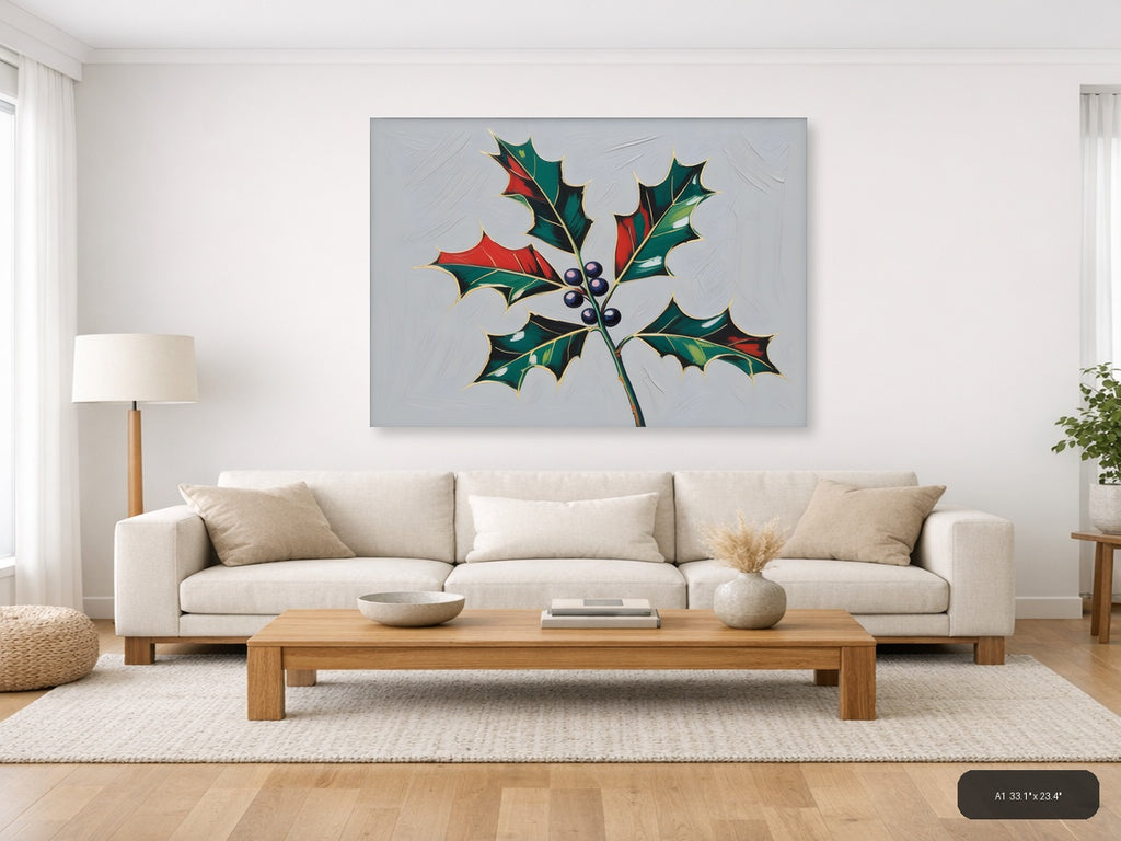Holly Berries Christmas Botanical Illustration Wall Art — A1 / Living Room