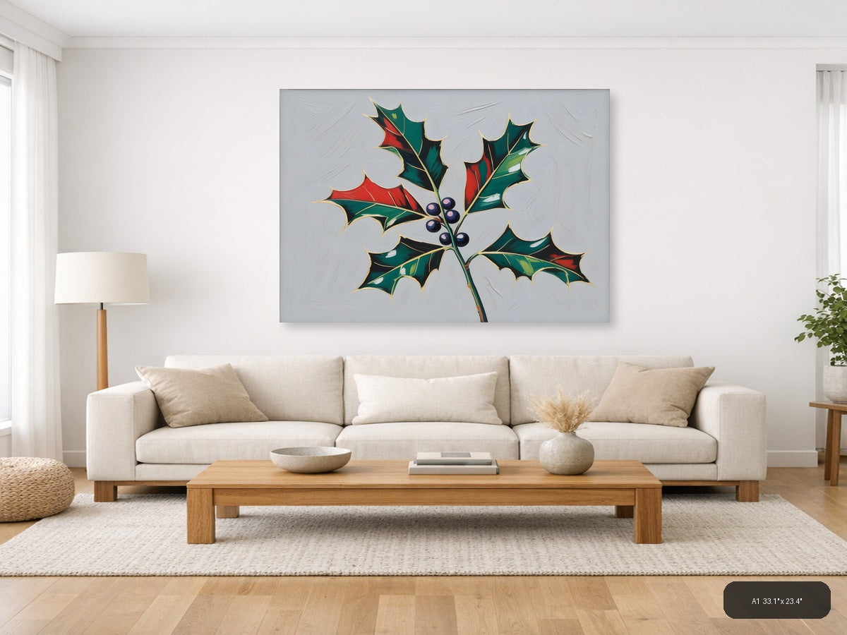 Holly Berries Christmas Botanical Illustration Wall Art — A1 / Living Room