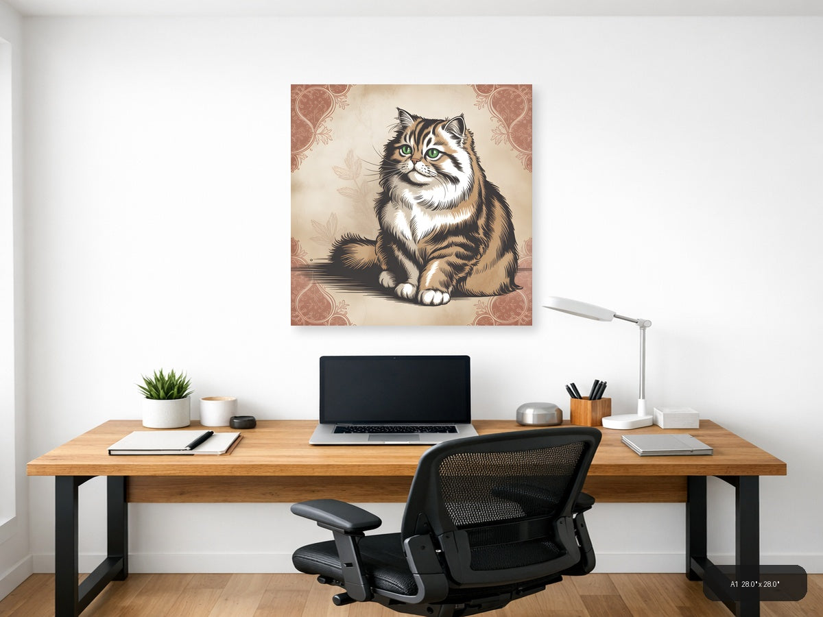 Vintage Tabby Cat with Green Eyes Square Wall Art — A1 / Office