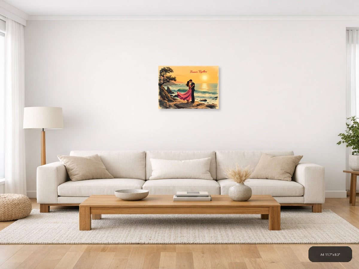 Forever Together Couple Beach Sunset Vintage Wall Art — A4 / Living Room