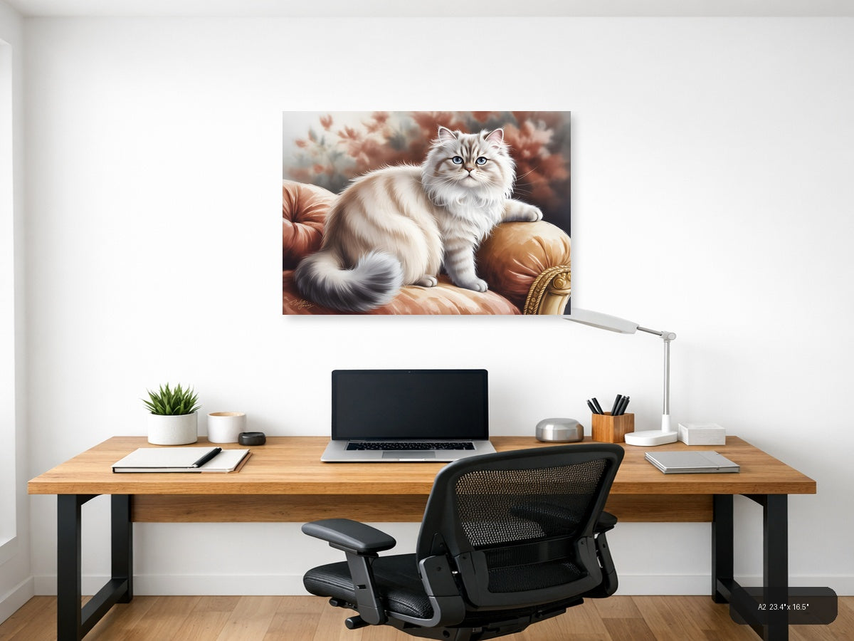 Fluffy White Cat on Red Cushion Watercolor Wall Art — A2 / Office