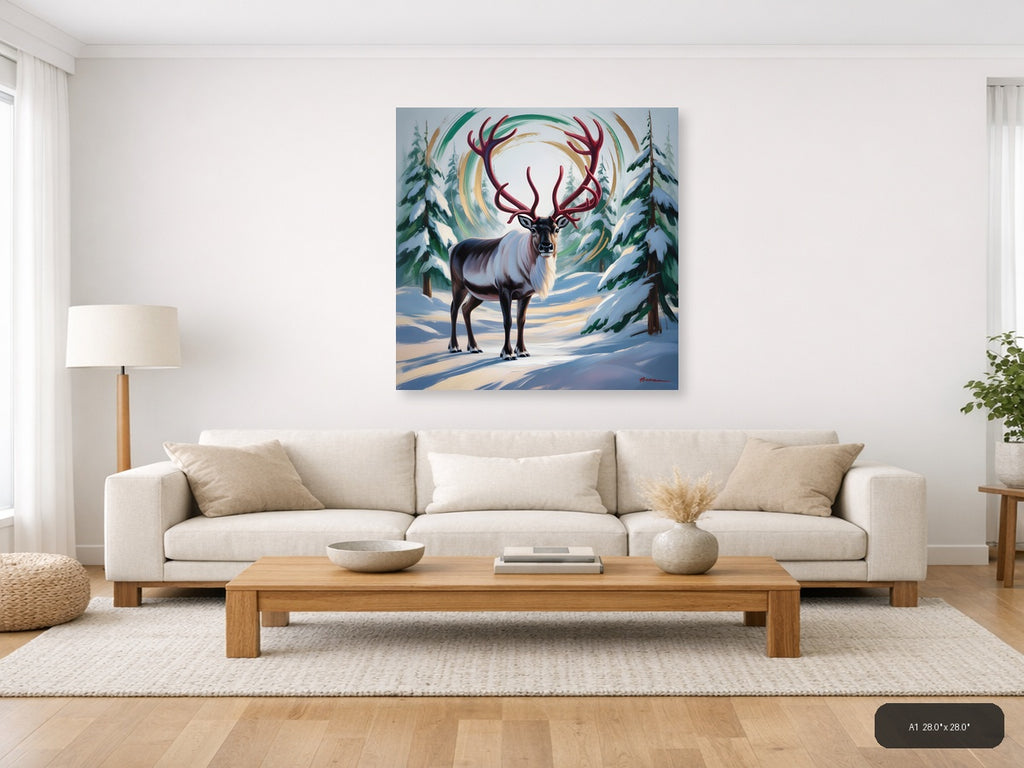 Majestic Reindeer with Swirling Aurora Winter Wall Art — A1 / Living Room