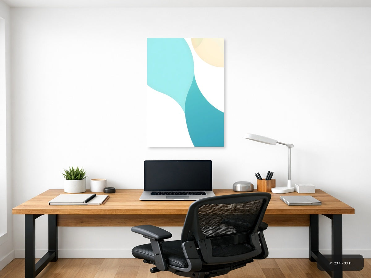 Minimalist Turquoise and Cream Abstract Curves Wall Art — A1 / Office
