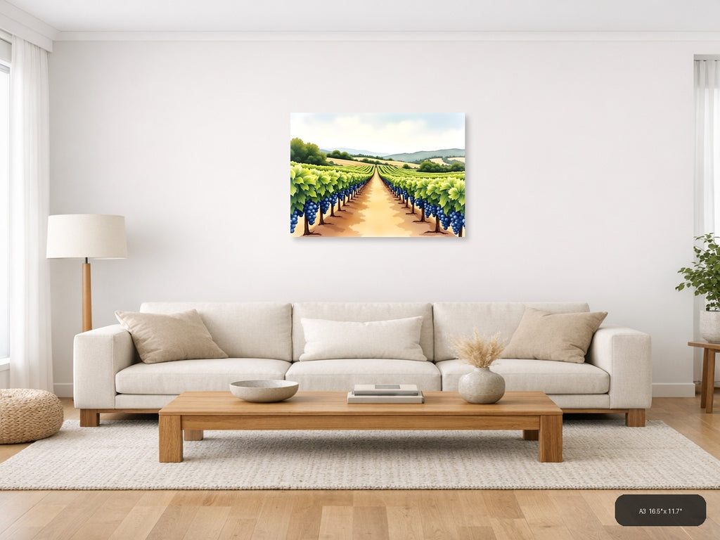 Vineyard Landscape Watercolor Wall Art — A3 / Living Room