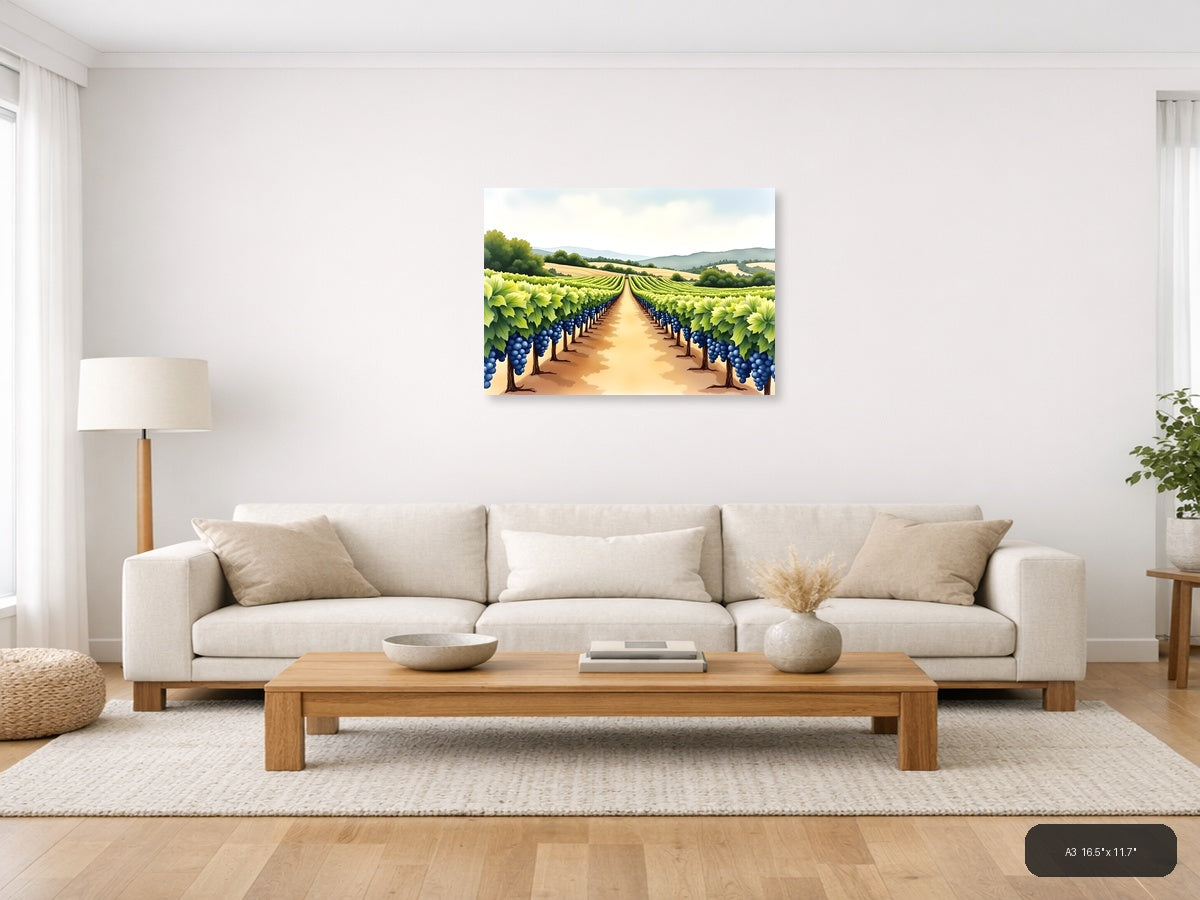 Vineyard Landscape Watercolor Wall Art — A3 / Living Room