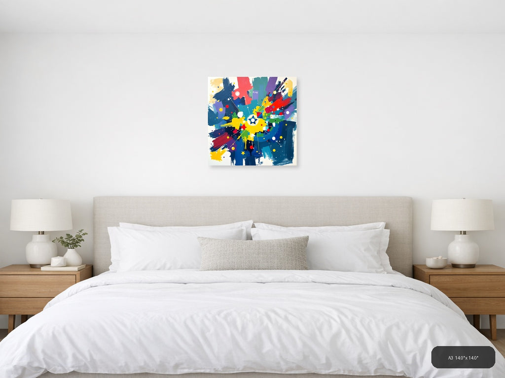 Vibrant Abstract Starburst with Colorful Brushstrokes Wall Art — A3 / Bedroom