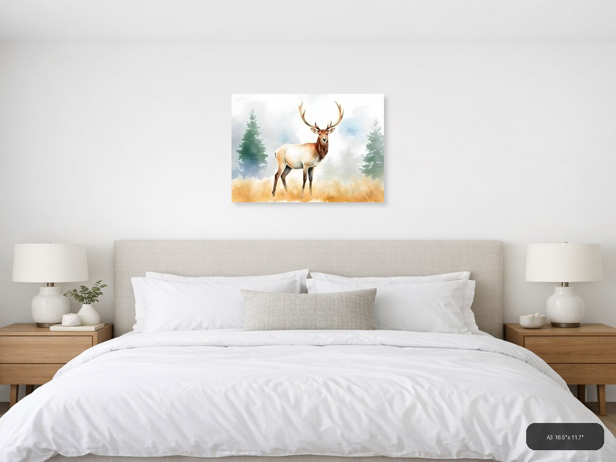 Majestic Elk in Forest Watercolor Wall Art — A3 / Bedroom