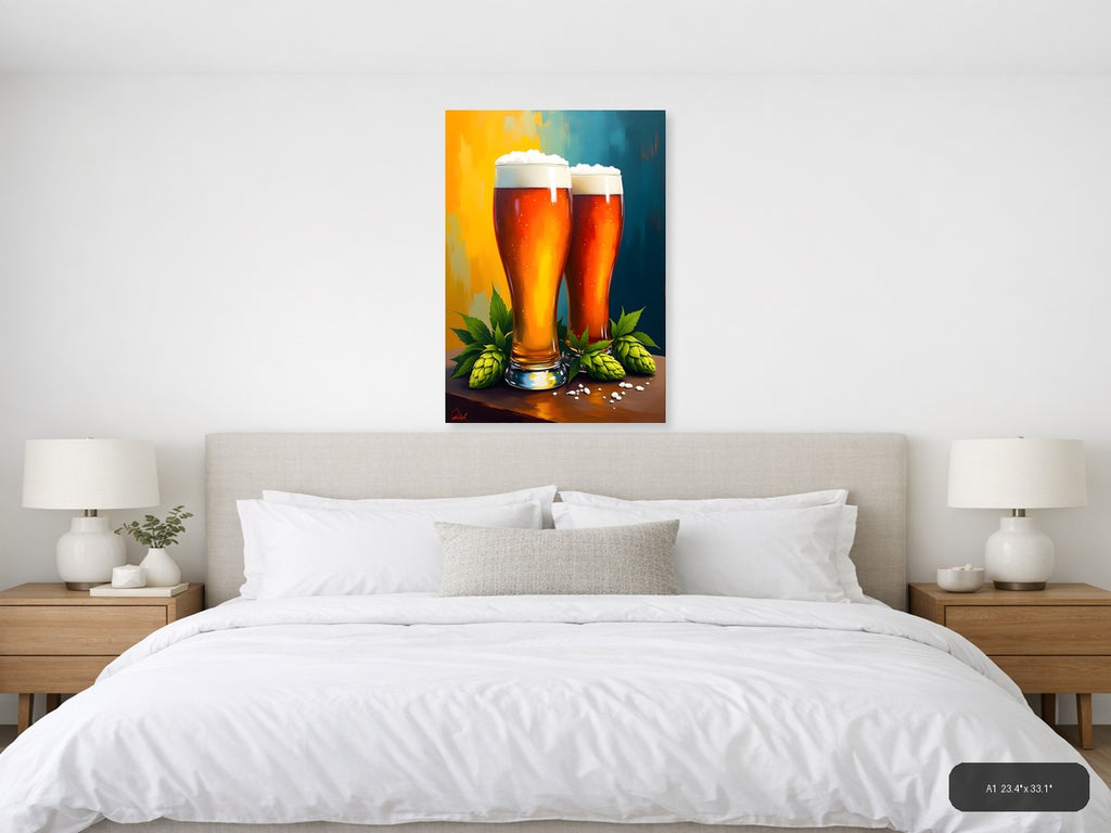 Two Beer Glasses with Hops Abstract Wall Art — A1 / Bedroom