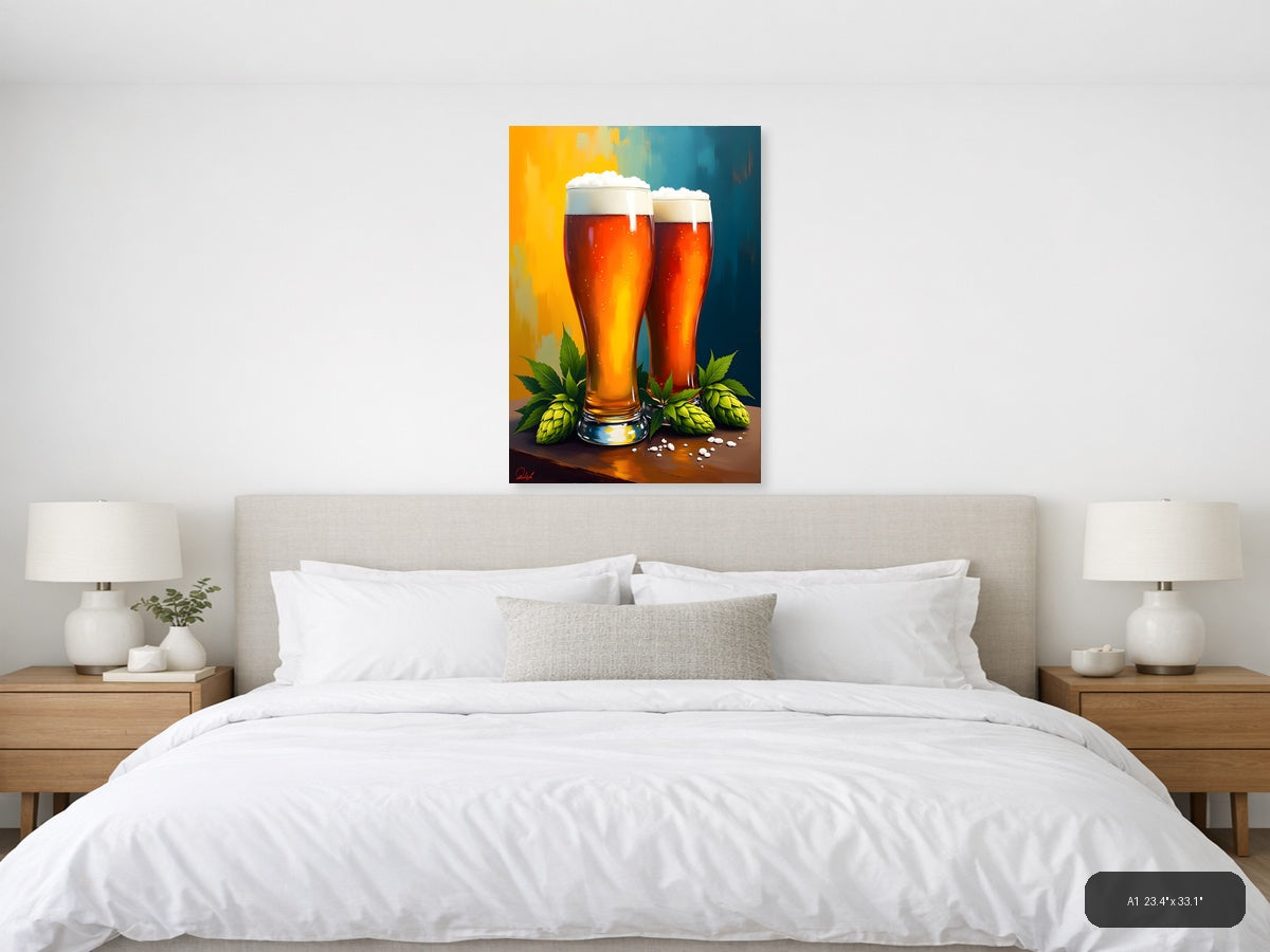 Two Beer Glasses with Hops Abstract Wall Art — A1 / Bedroom