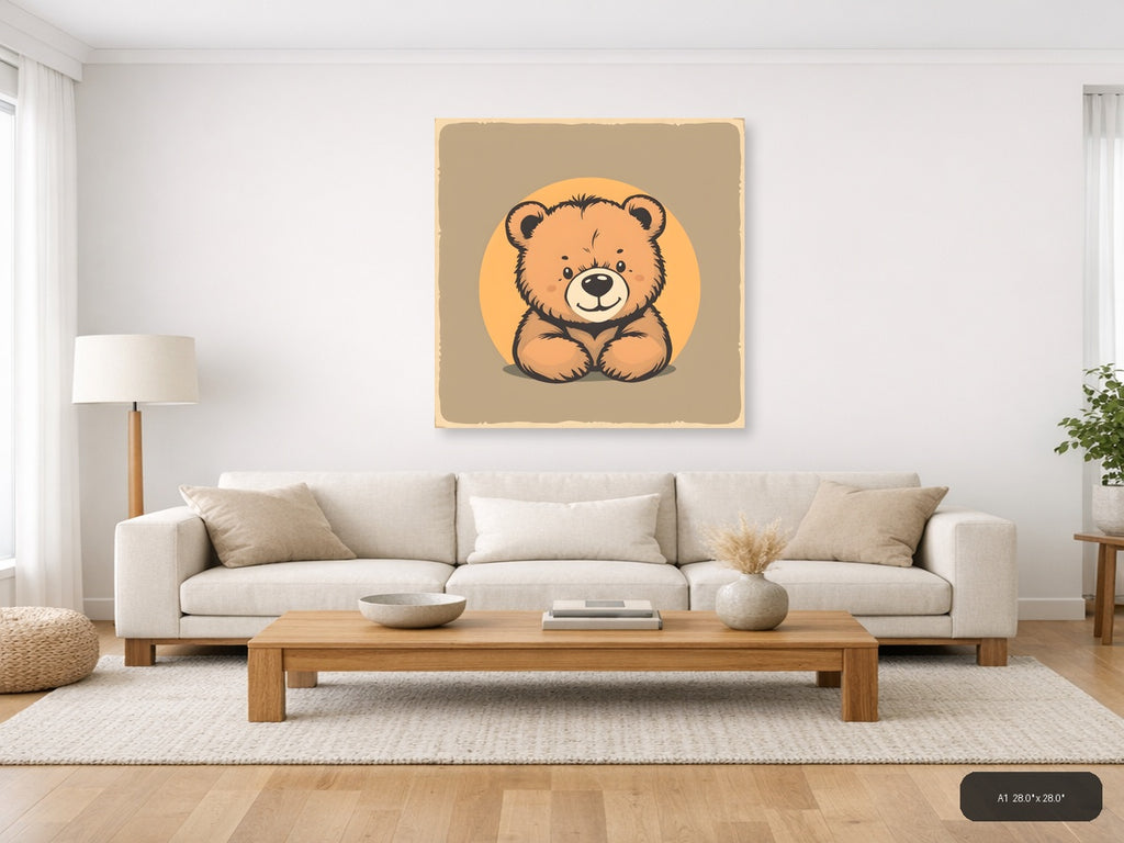 Vintage Cute Teddy Bear Illustration Square Wall Art — A1 / Living Room
